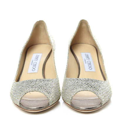 Jimmy Choo Glitter Fabric Evelyn Peep Toe Pumps 36 Champagne 2 of 9