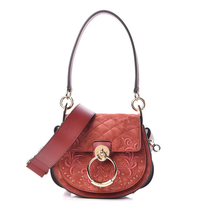 Chloe Suede Calfskin Quilted Embroidered Small Tess Bag Reddish Brown 1 of 7