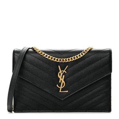 Saint Laurent Grain De Poudre Matelasse Chevron Monogram Envelope Chain Wallet Black 1 of 13