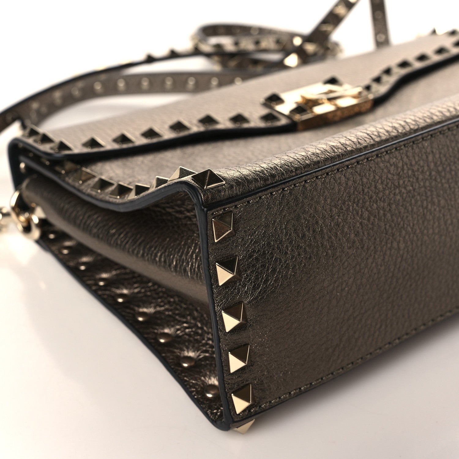 Valentino Garavani Metallic Pebbled Calfskin Small Rockstud Single Handle Flap Bag Sasso 7 of 8
