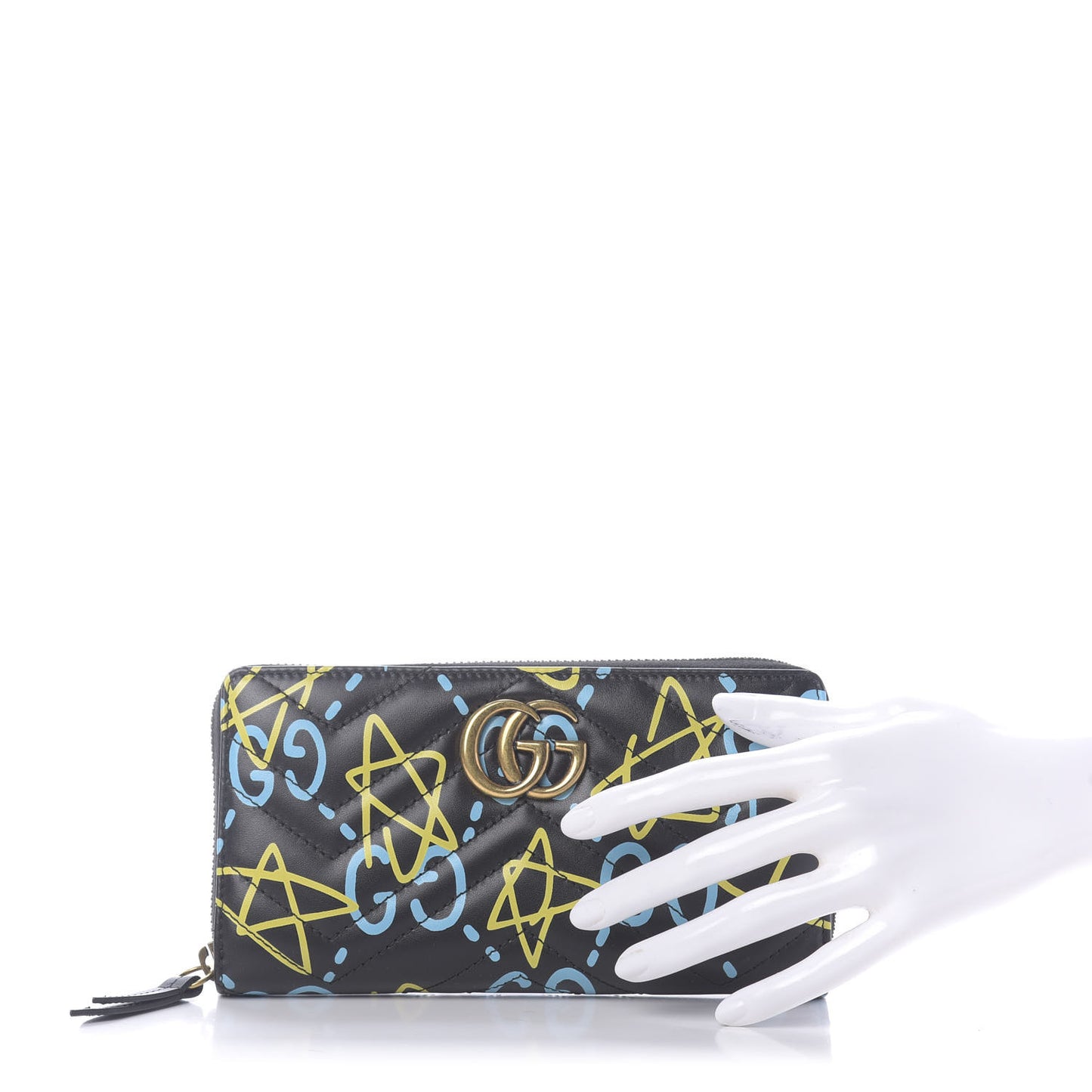 Calfskin Matelasse GucciGhost GG Marmont Zip Around Wallet Black New Acquamarine