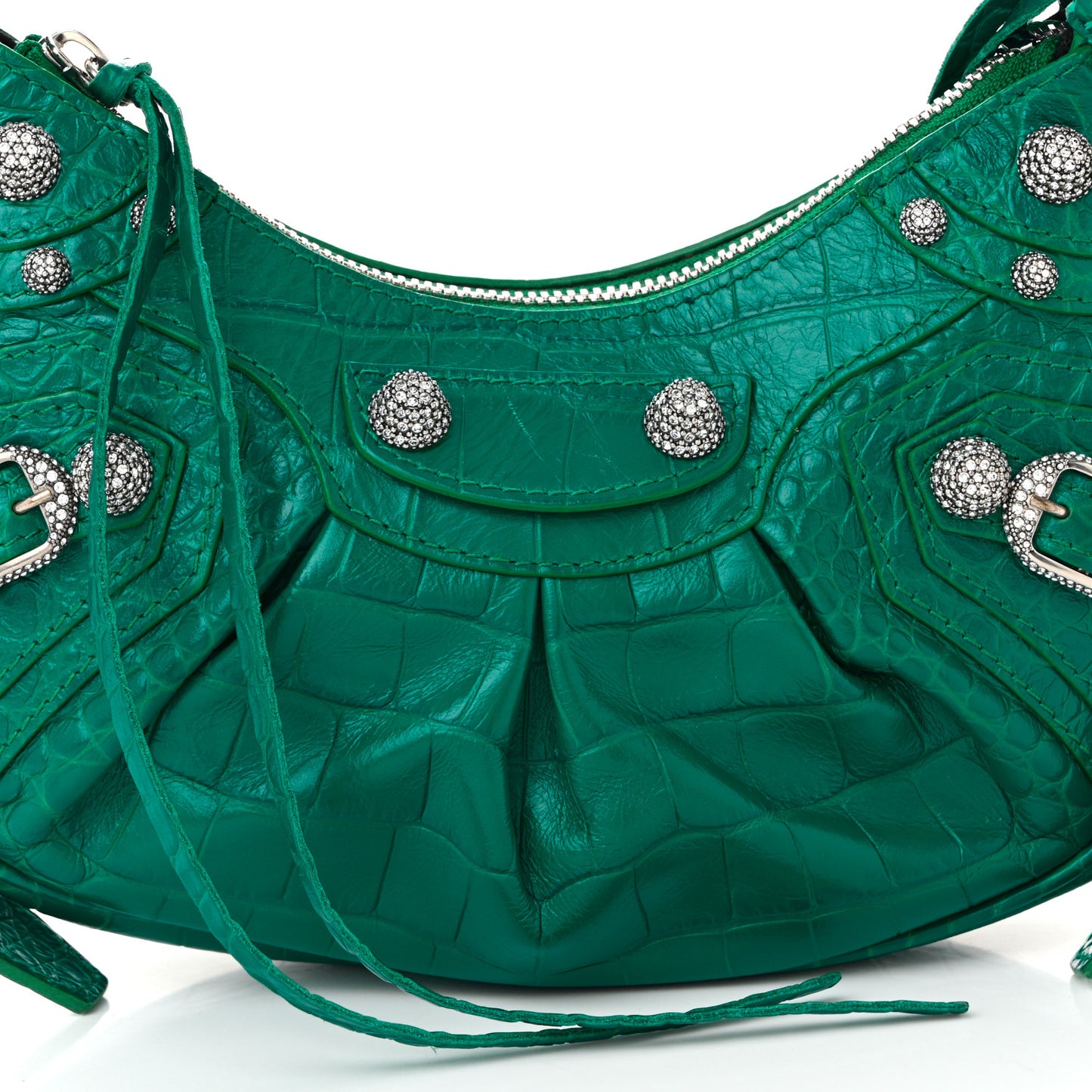 Extra Supple Calfskin Crystal Crocodile Embossed Le Cagole Shoulder Bag XS Jade
