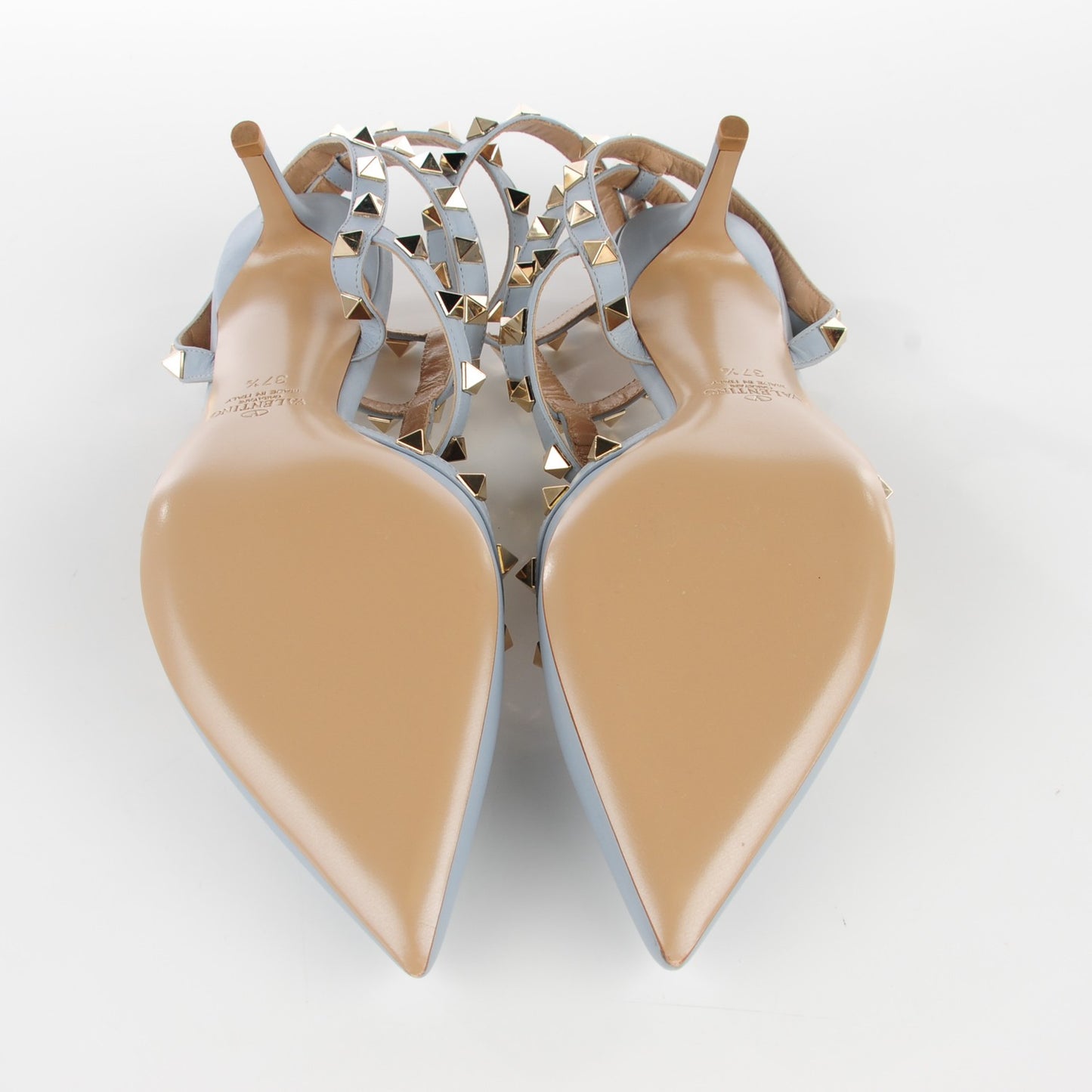 Calfskin Nappa Rockstud Ankle Strap 65mm Pumps 37.5 Water Sky