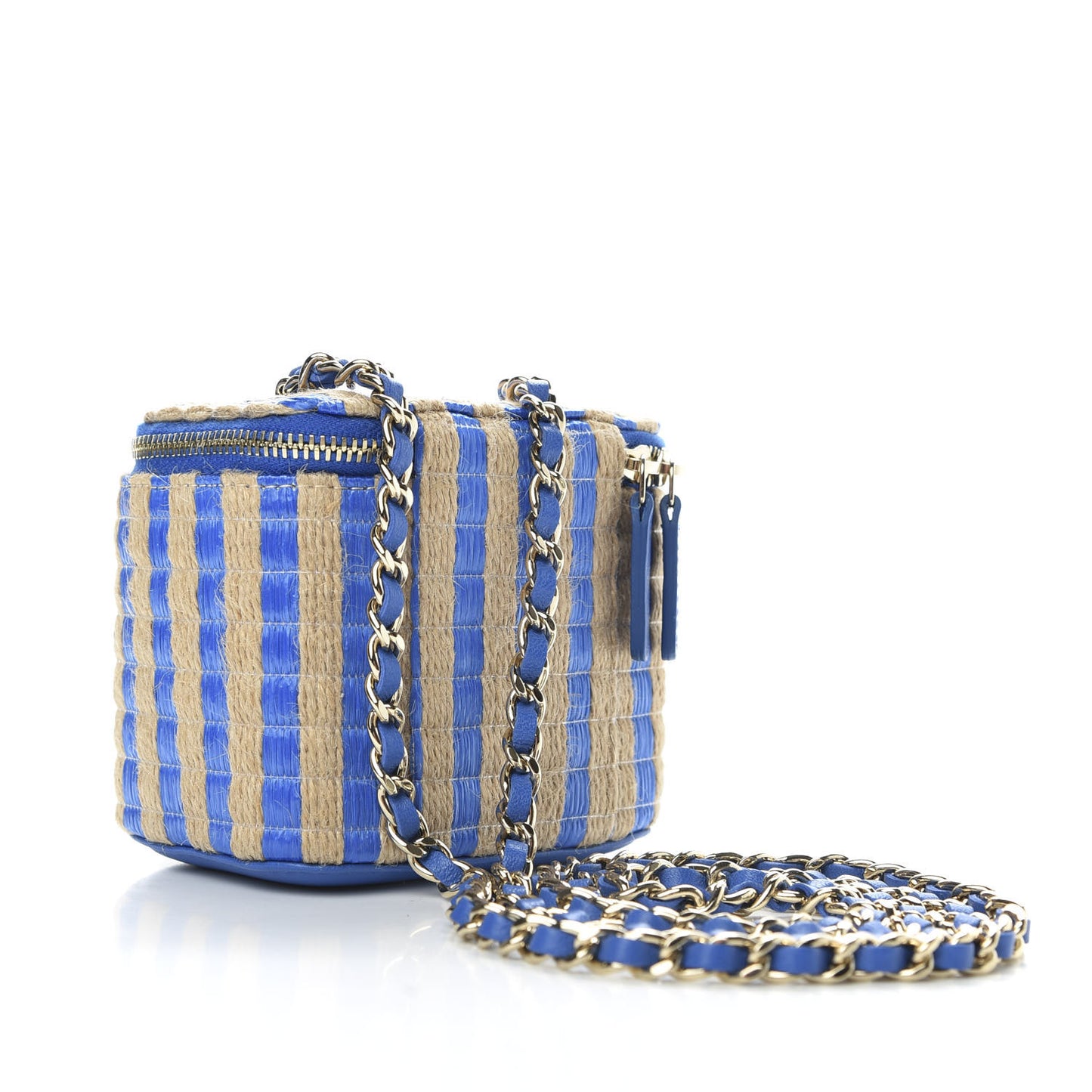 Raffia Jute Striped Mini Vanity Case With Chain Blue Beige