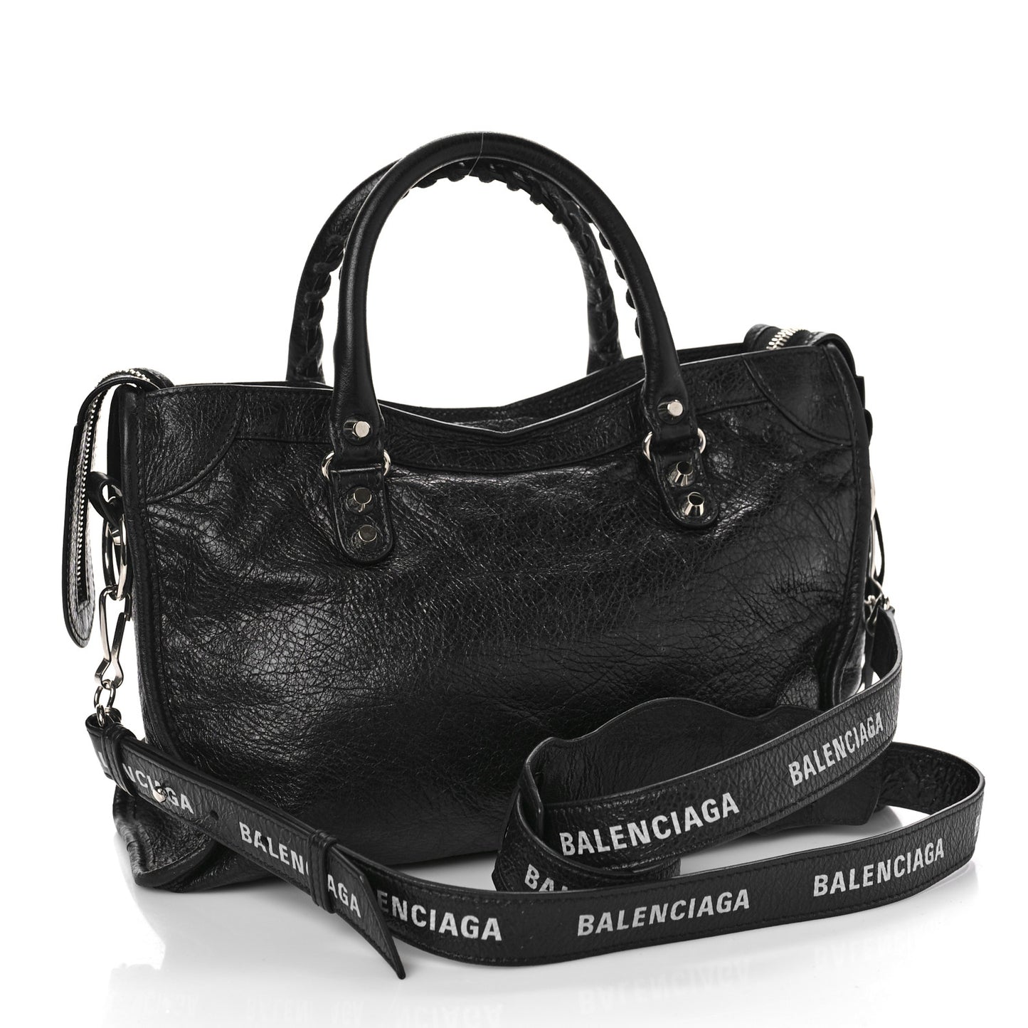 Agneau Classic Silver Hardware S City Logo Strap Black White
