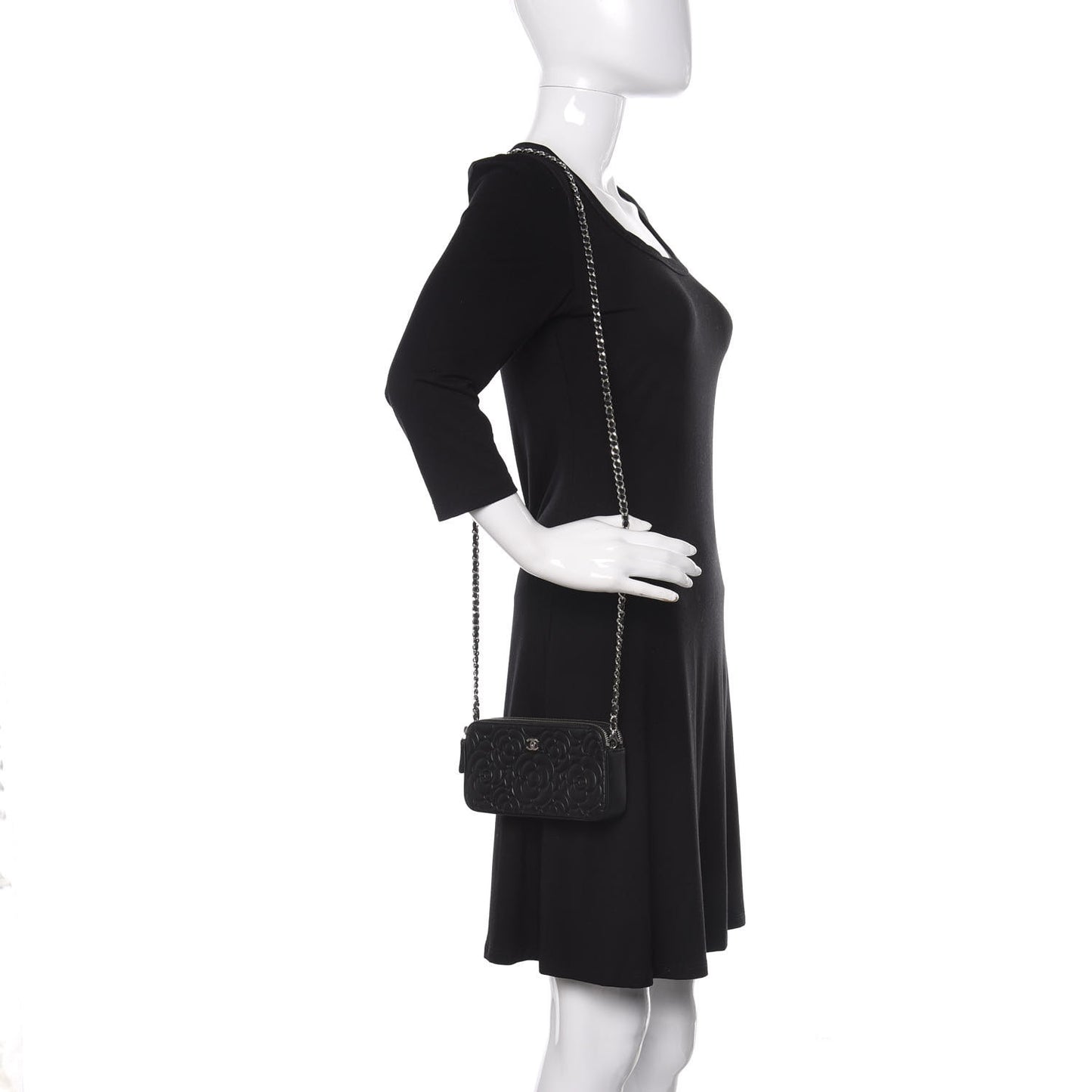 Lambskin Camellia Embossed Small Clutch With Chain Black