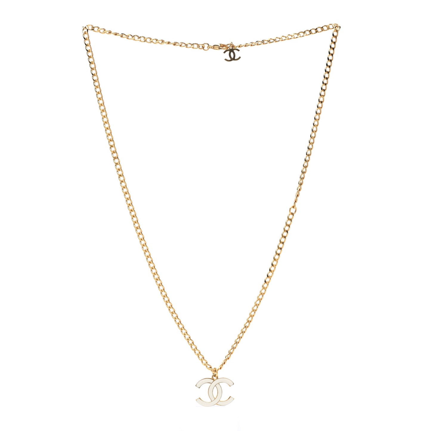 Metal Enamel CC Chain Necklace Gold White