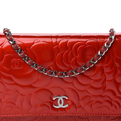 Chanel Patent Camellia Embossed Wallet On Chain WOC Dark Red 11 of 11