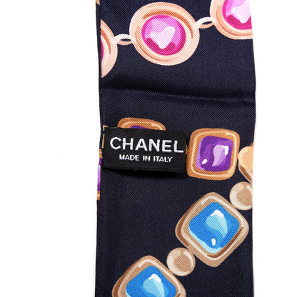 Chanel Silk Pearl CC Chain Slim Bandeau Scarf Navy Blue 4 of 4