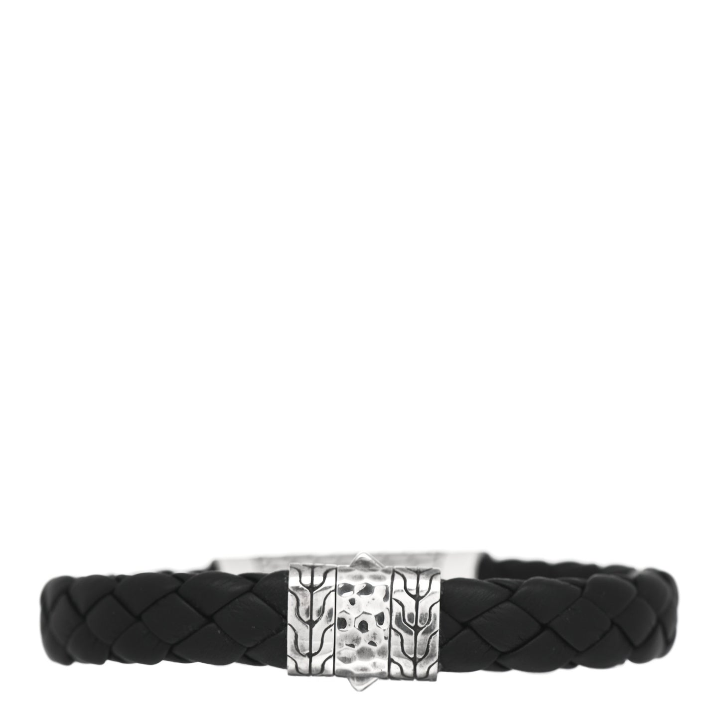 Sterling Silver 18K Yellow Gold Leather 12mm Braided Hammered Station Bracelet Black