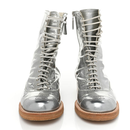Chanel Fantasy Calfskin PVC Lace Up Combat Boots 39 Silver 2 of 10