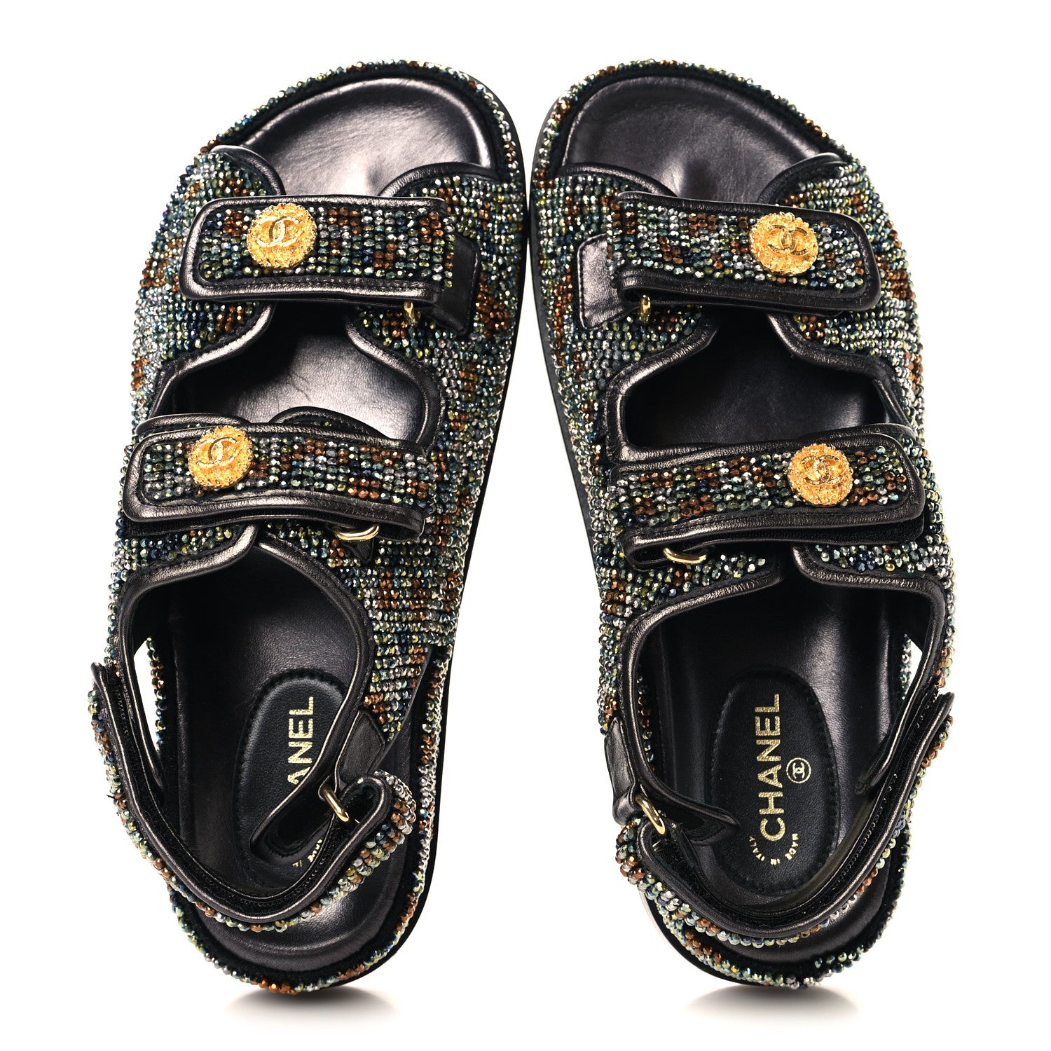 Chanel Grained Calfskin Crystal Velcro Dad Sandals 36.5 Black Multicolor 2 of 11