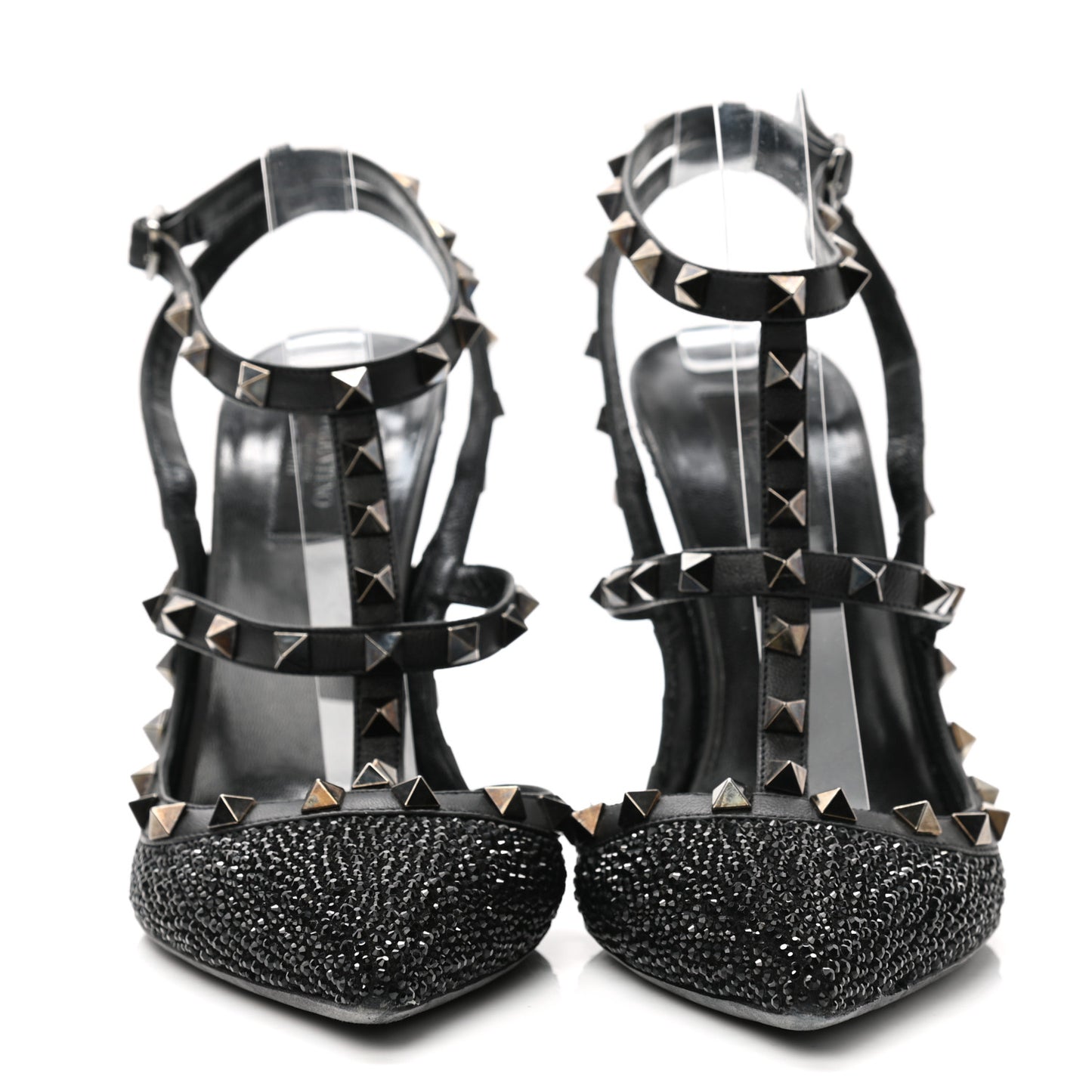 Calfskin Crystal Embellished Rockstud Ankle Strap 100mm Pumps 40 Black