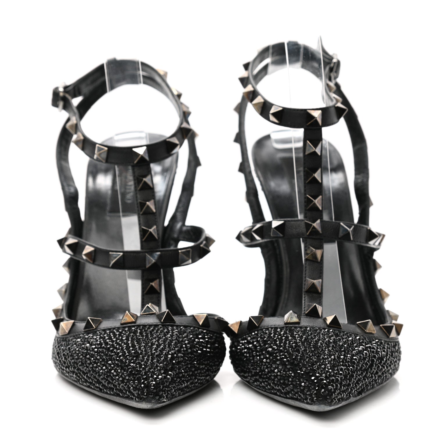 Valentino Garavani Calfskin Crystal Embellished Rockstud Ankle Strap 100mm Pumps 40 Black 2 of 9