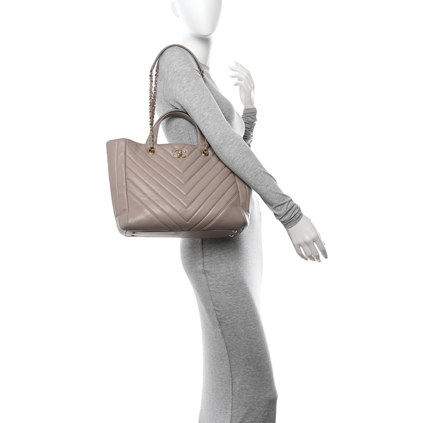 Calfskin Chevron Quilted Statement Shopping Tote Beige