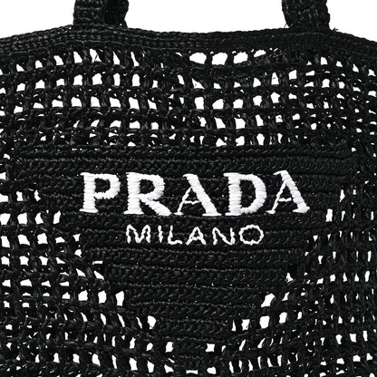 Prada Yarn Raffia Effect Crochet Logo Embroidered Tote Bag Black 7 of 10