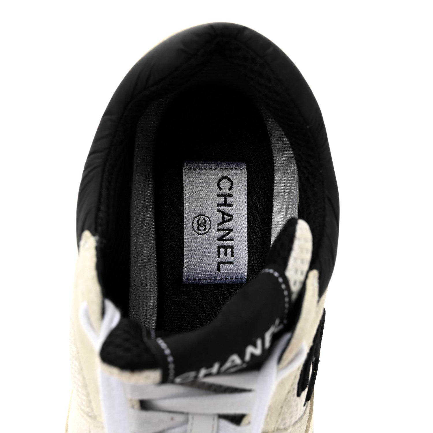 Chanel Mesh Suede Calfskin Grained Calfskin Womens CC Sneakers 38.5 White Black 7 of 10