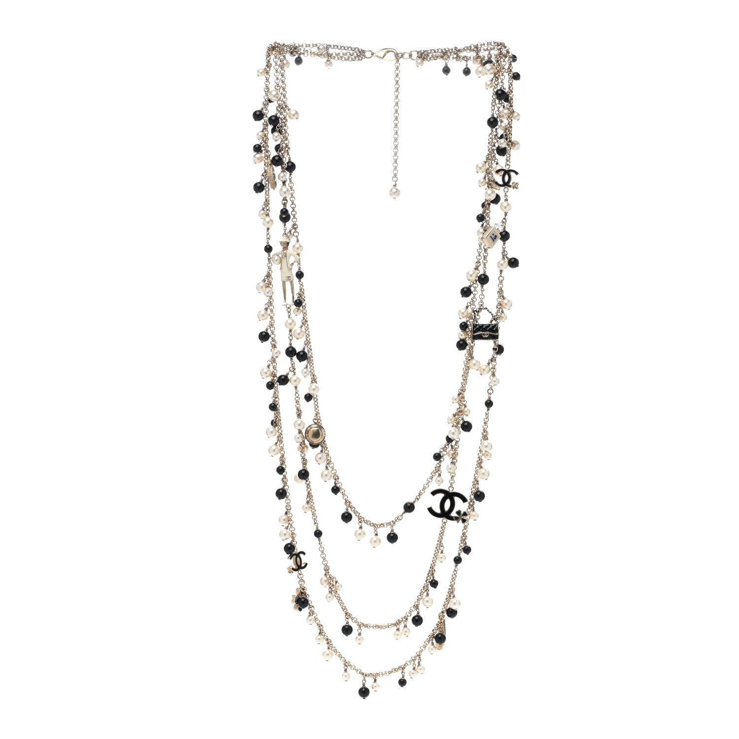 Chanel Pearl Enamel CC Clover Multi Strand Long Necklace Gold Black 2 of 4