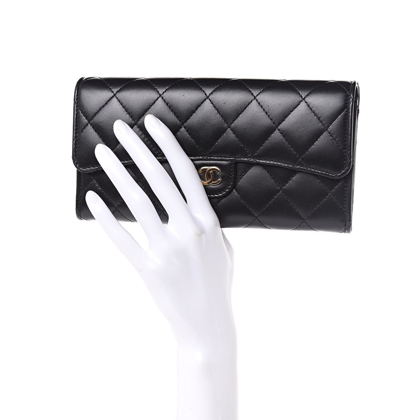 Lambskin Quilted Large Gusset Flap Wallet Black