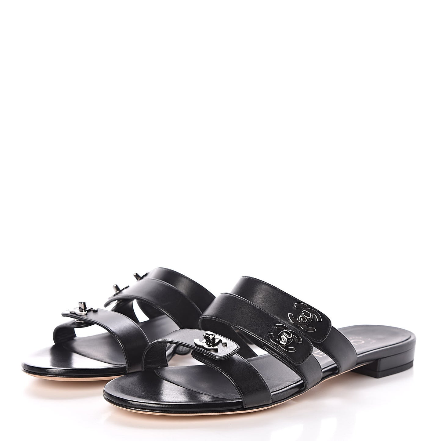 Calfskin CC Turnlock Mule Sandals 38 Black