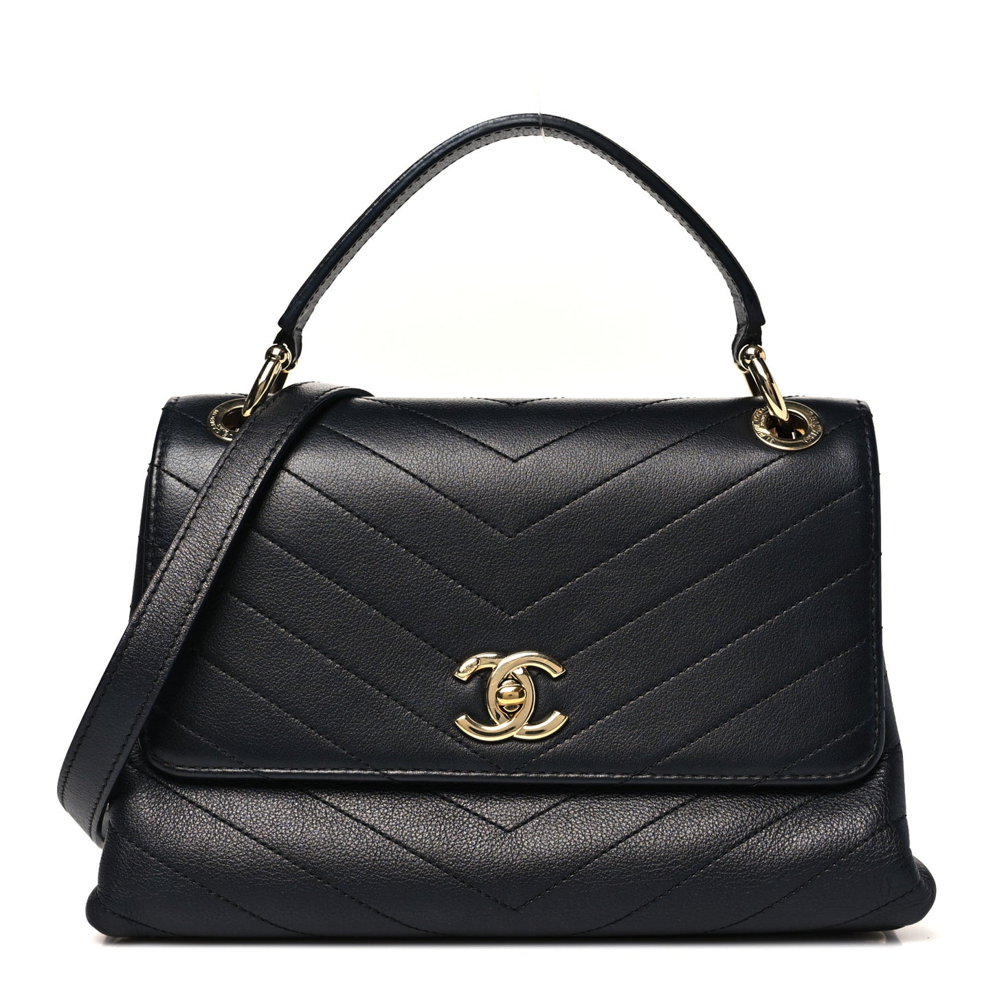 Grained Calfskin Chevron Stitched Small Chic Top Handle Flap Black