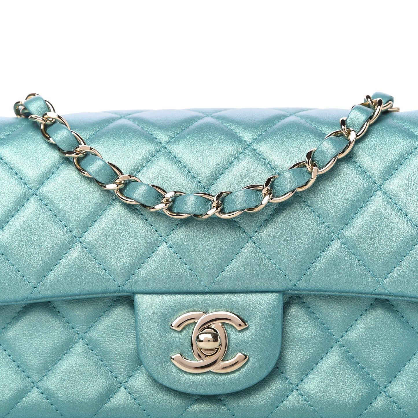 Iridescent Calfskin Quilted Mini Rectangular Flap Green
