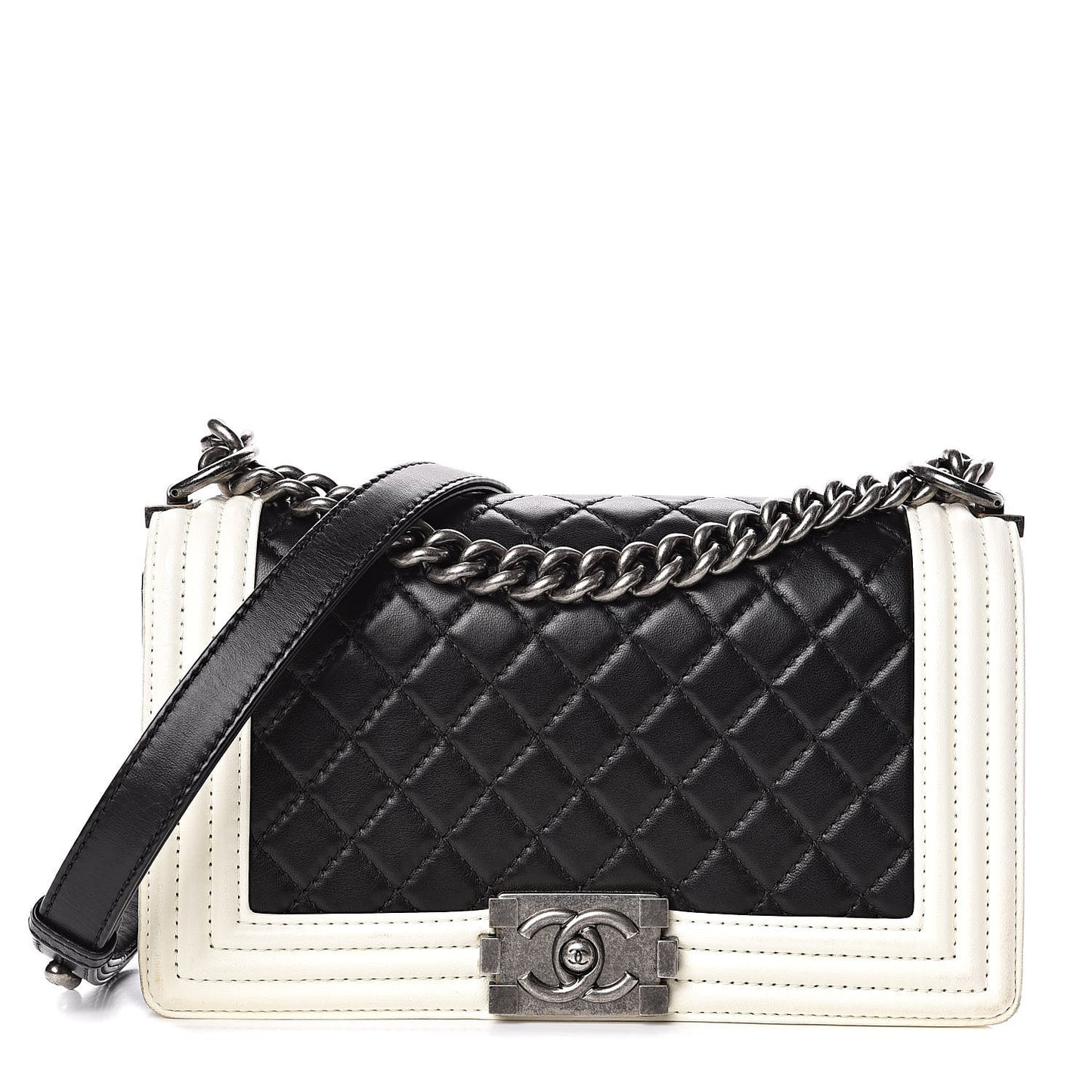 Lambskin Quilted Medium Boy Flap Black White