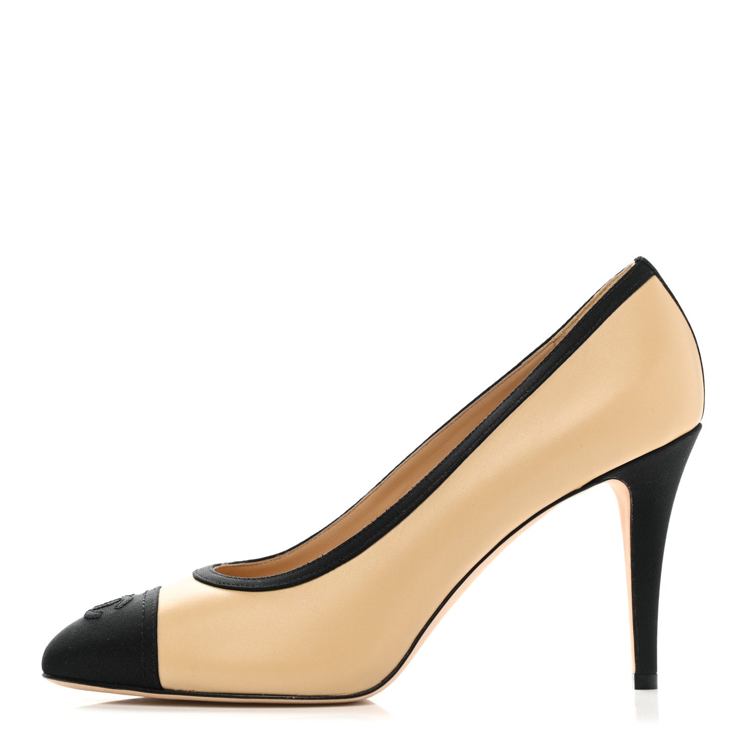 Lambskin Grosgrain Cap Toe CC Pumps 41 Beige Black