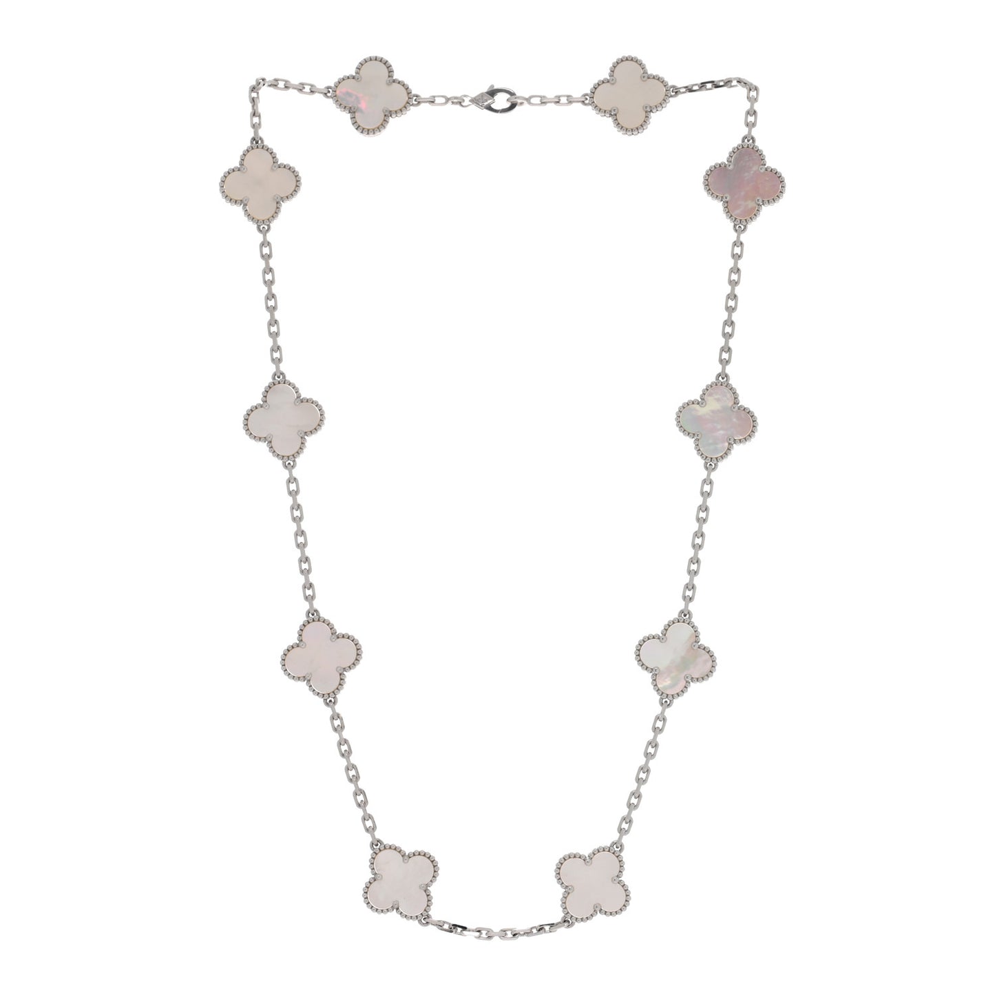 18K White Gold Mother of Pearl 10 Motifs Vintage Alhambra Necklace