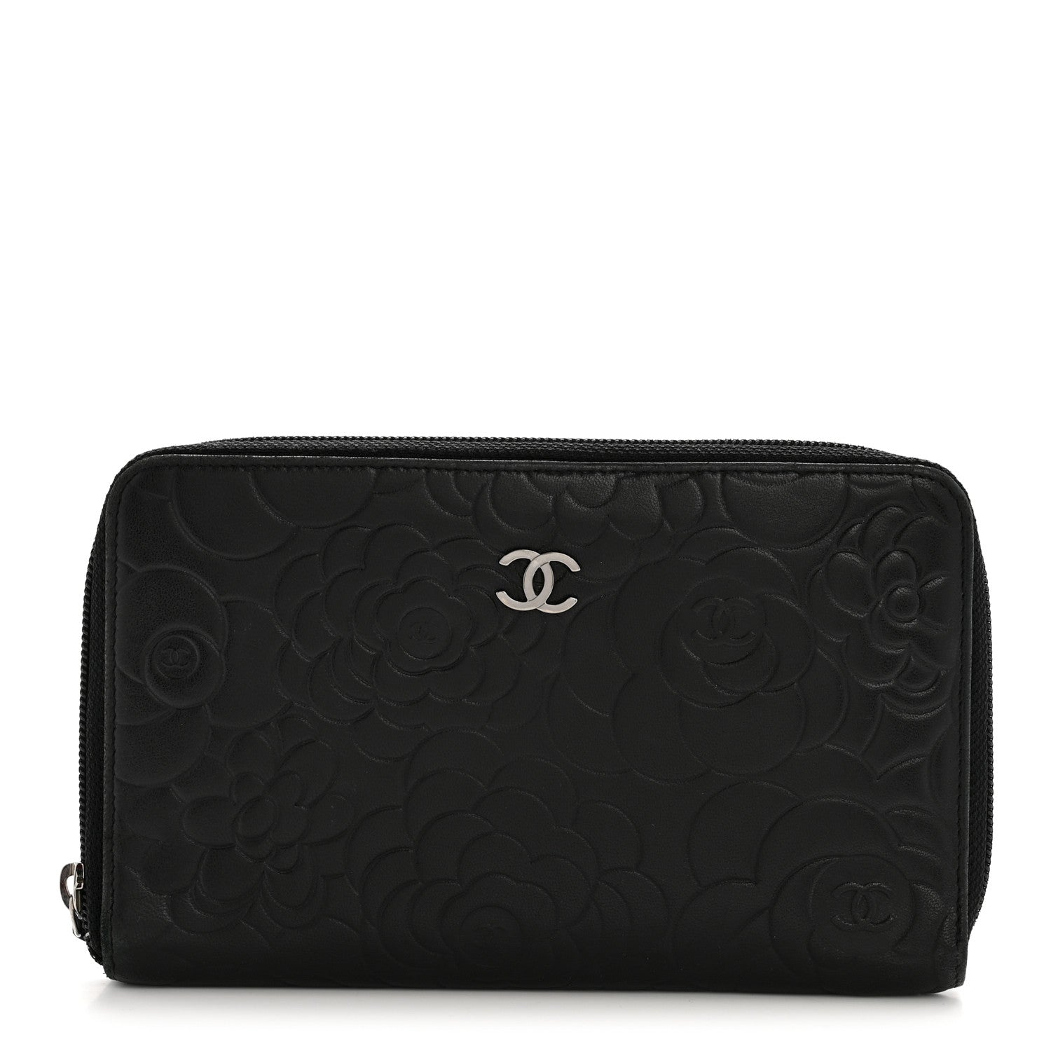 Chanel Lambskin Camellia Embossed Zip Around Organizer Wallet