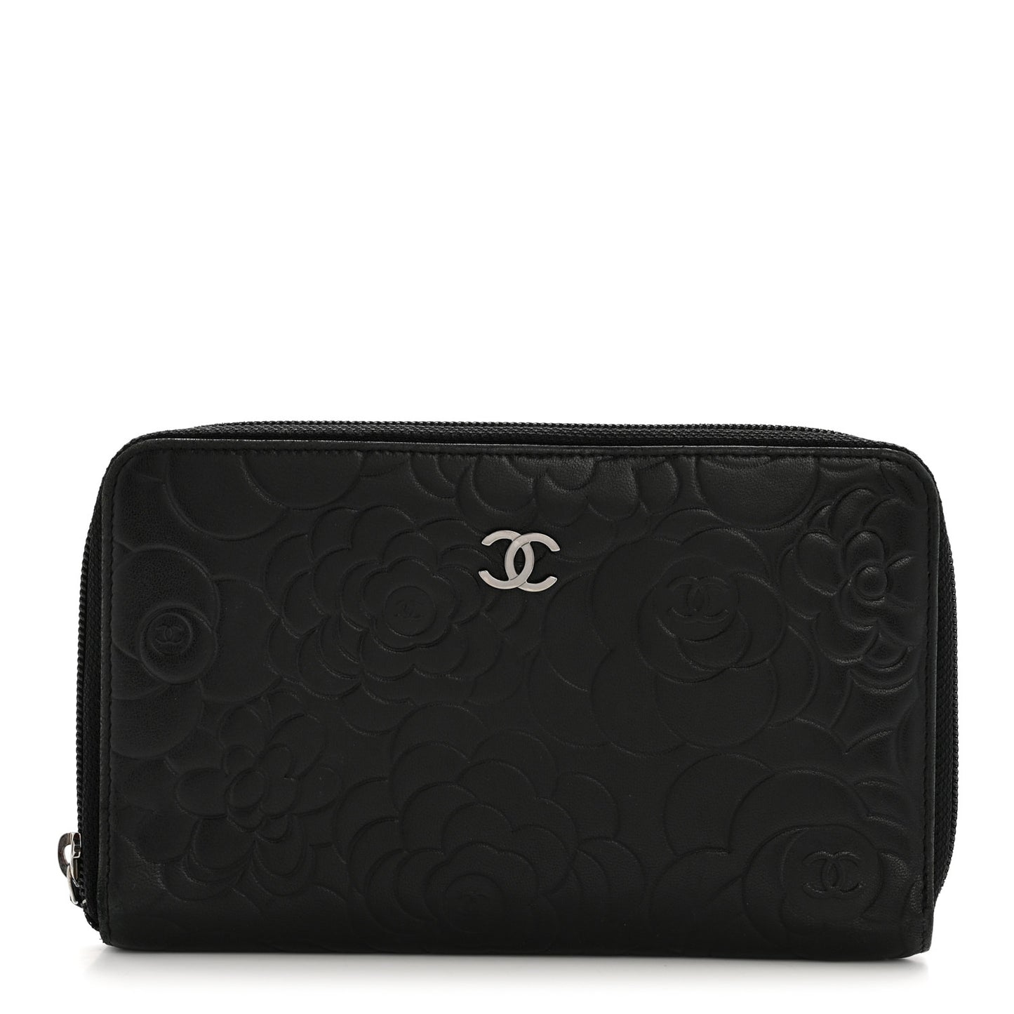 Lambskin Camellia Embossed Zip Around Organizer Wallet Black