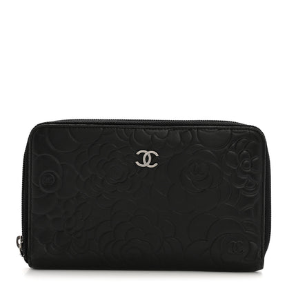 Chanel Lambskin Camellia Embossed Zip Around Organizer Wallet Black 1 of 13