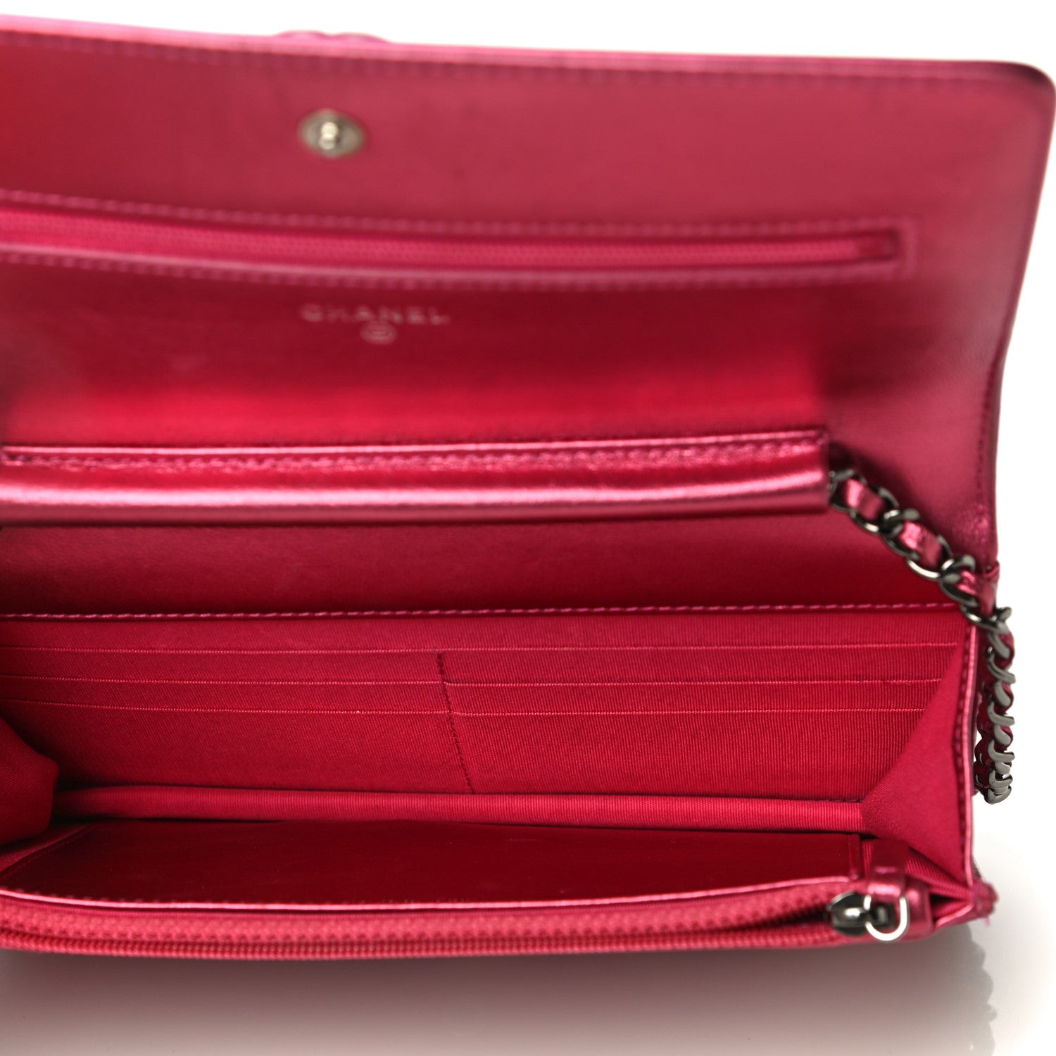 Chanel Metallic Patent Calfskin Quilted Boy Wallet On Chain WOC Fuchsia 5 of 18