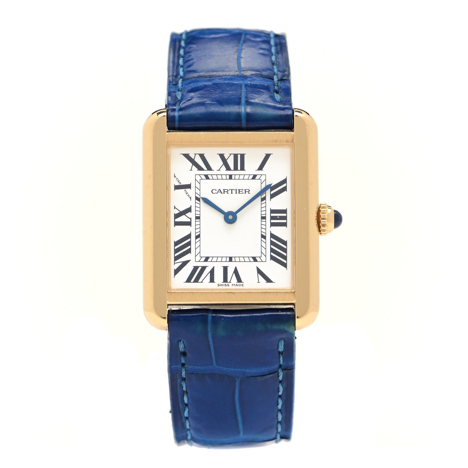 Cartier Stainless Steel 18K Yellow Gold Alligator 24mm Tank Solo Quartz Watch Blue 1 of 4