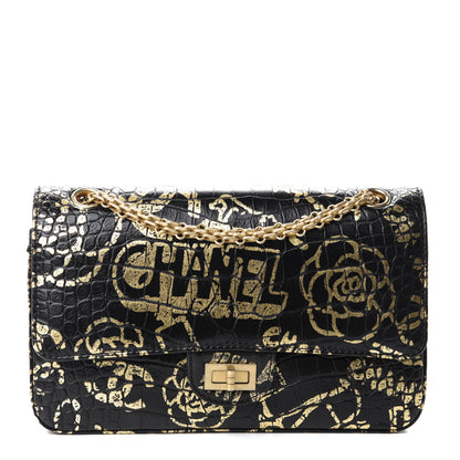 Chanel Calfskin Crocodile Embossed Graffiti 2.55 Cocodile Reissue 225 Flap Black Gold 1 of 12