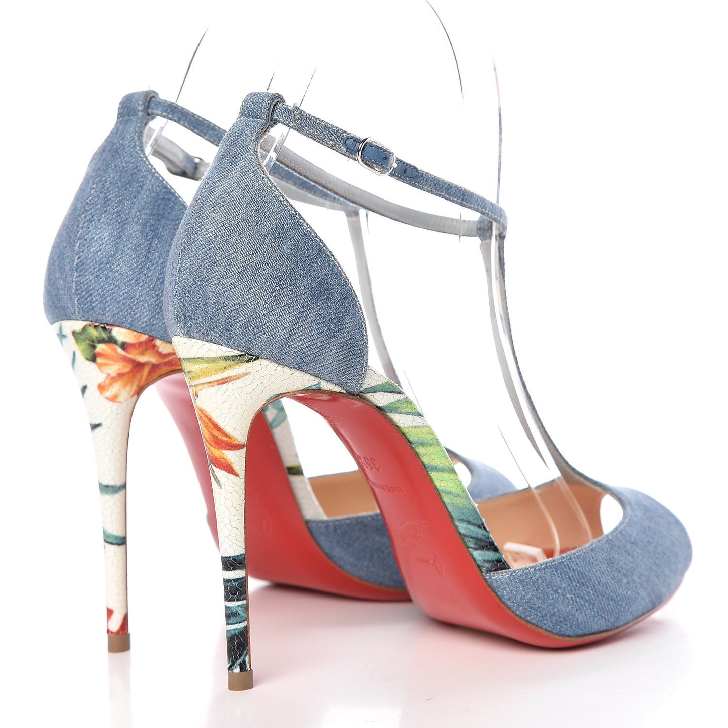Denim Crackled Calfskin Hawaii Print Senora 100 Sandals 35.5 Blue White