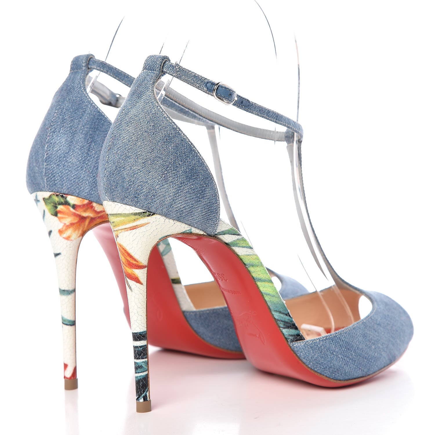 Christian Louboutin Denim Crackled Calfskin Hawaii Print Senora 100 Sandals 35.5 Blue White 4 of 10