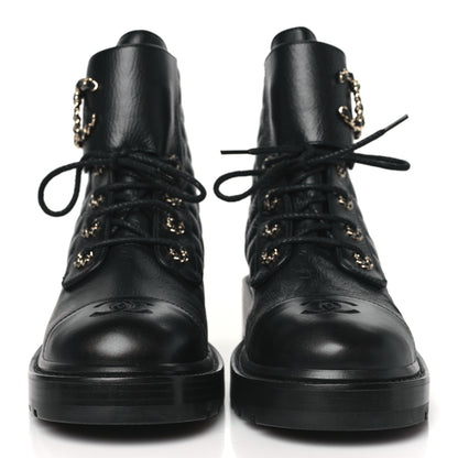 Chanel Shiny Goatskin Calfskin Quilted Lace Up Combat Boots 41 Black 2 of 8