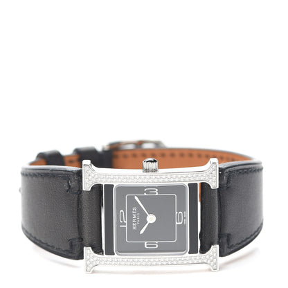 Hermes Stainless Steel Barenia Diamond 21mm Heure H Hour Double Jeu Quartz Watch Noir 2 of 5