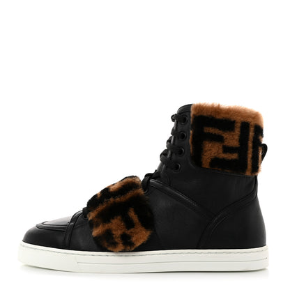 Fendi Vitello Shearling FF High Top Sneakers 38 Black 1 of 9