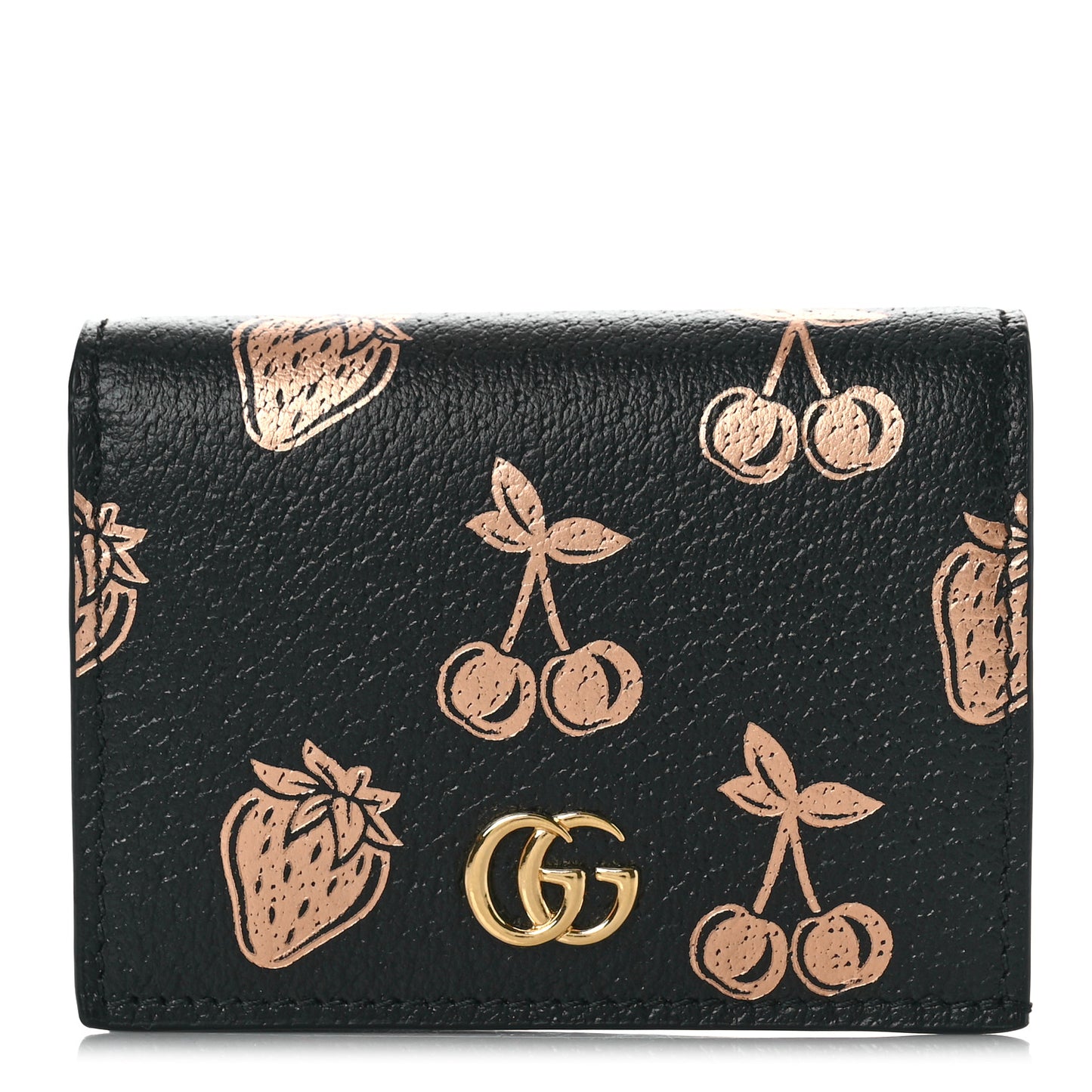 Textured Dollar Calfskin Berry Print GG Marmont Card Case Black Light Copper