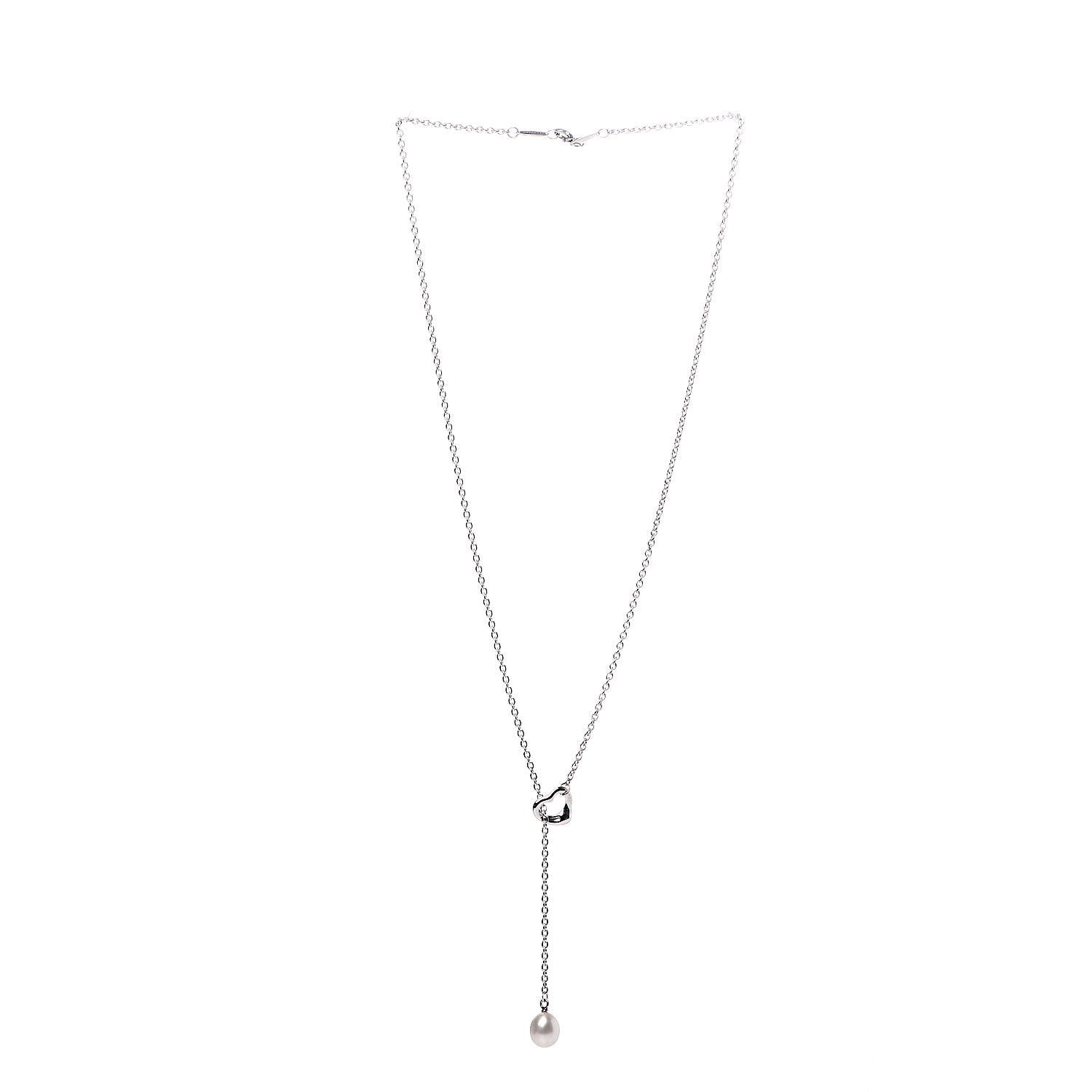 Tiffany Sterling Silver Pearl 9-9.5mm Elsa Peretti Open Heart Lariat Necklace 3 of 5