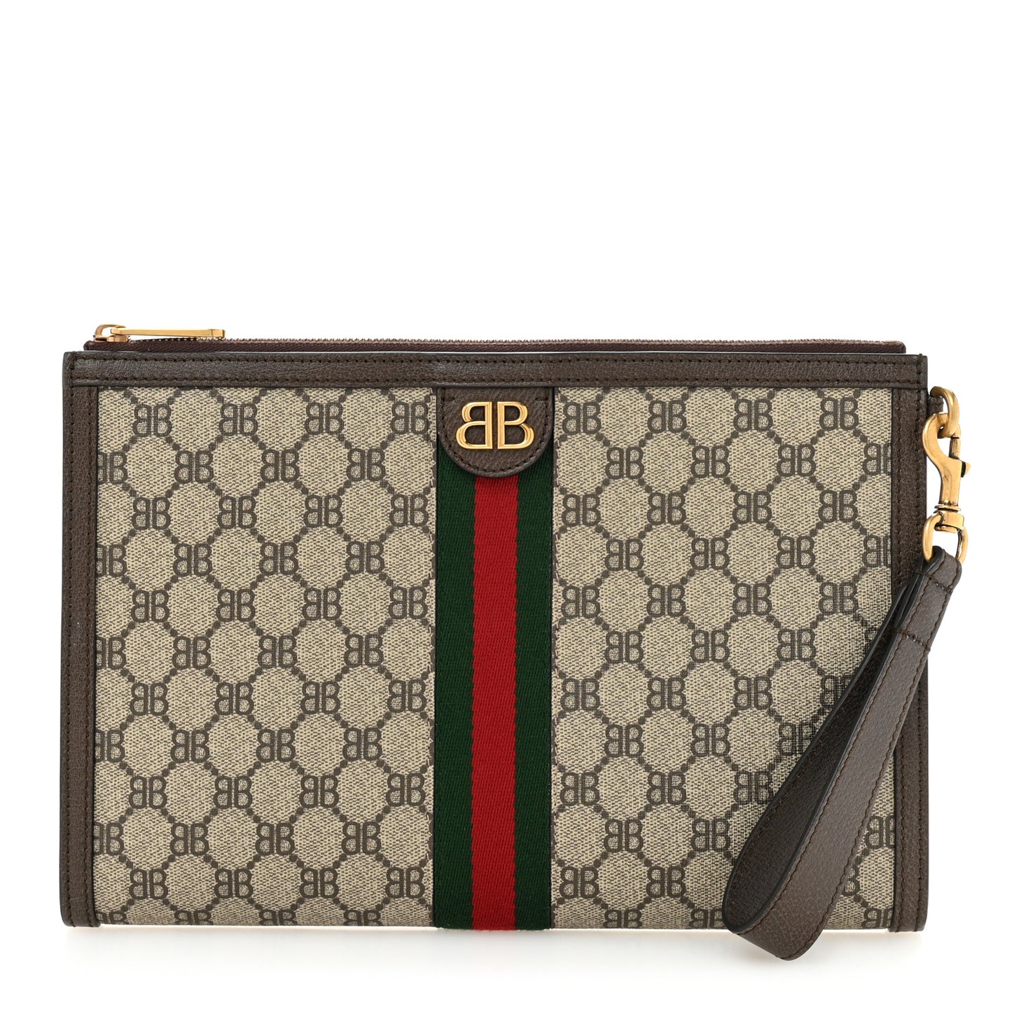 X BALENCIAGA BB Supreme Monogram Web Ophidia Wristlet Beige New Acero