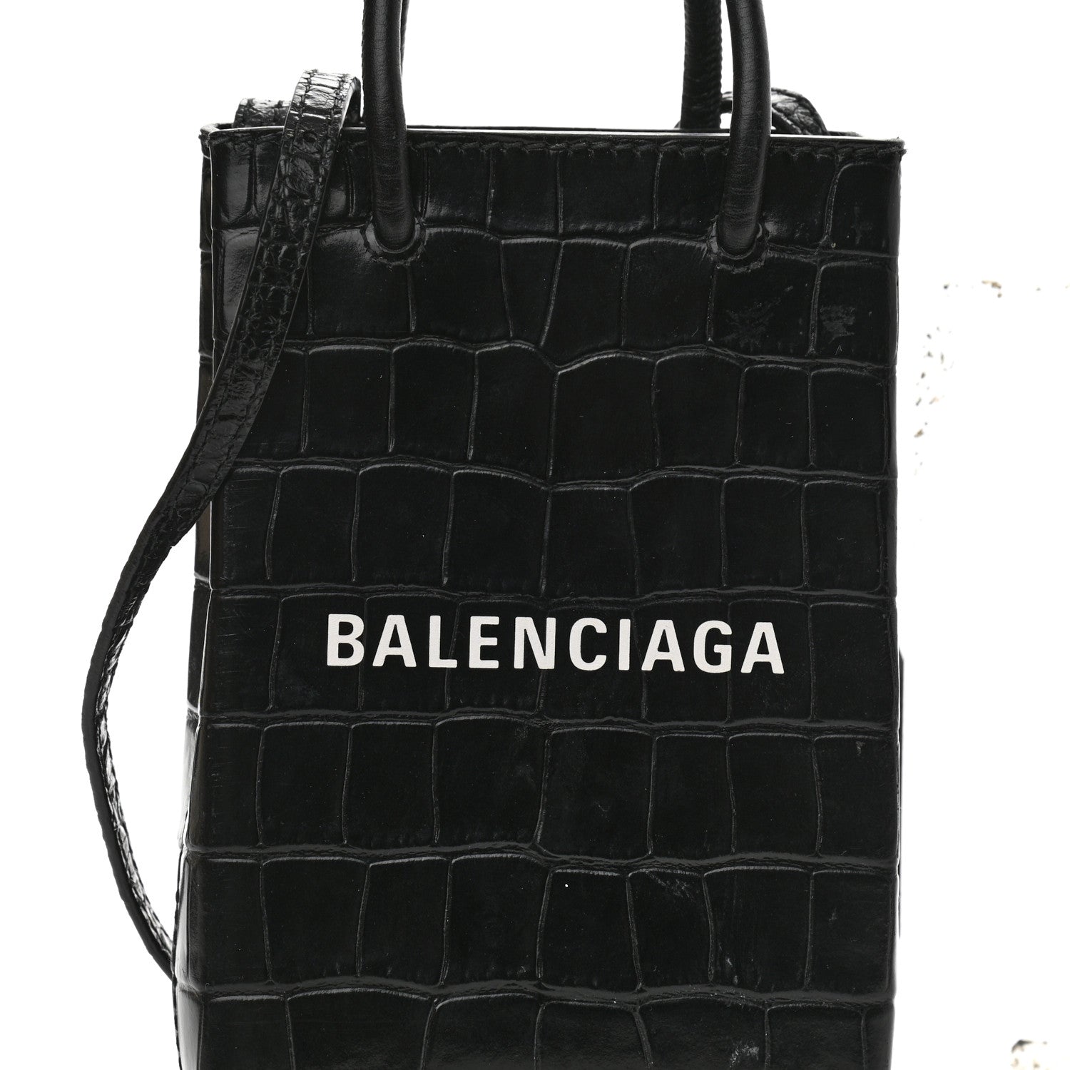Balenciaga Calfskin Crocodile Embossed Logo Shopping Phone Holder Bag Black 7 of 11
