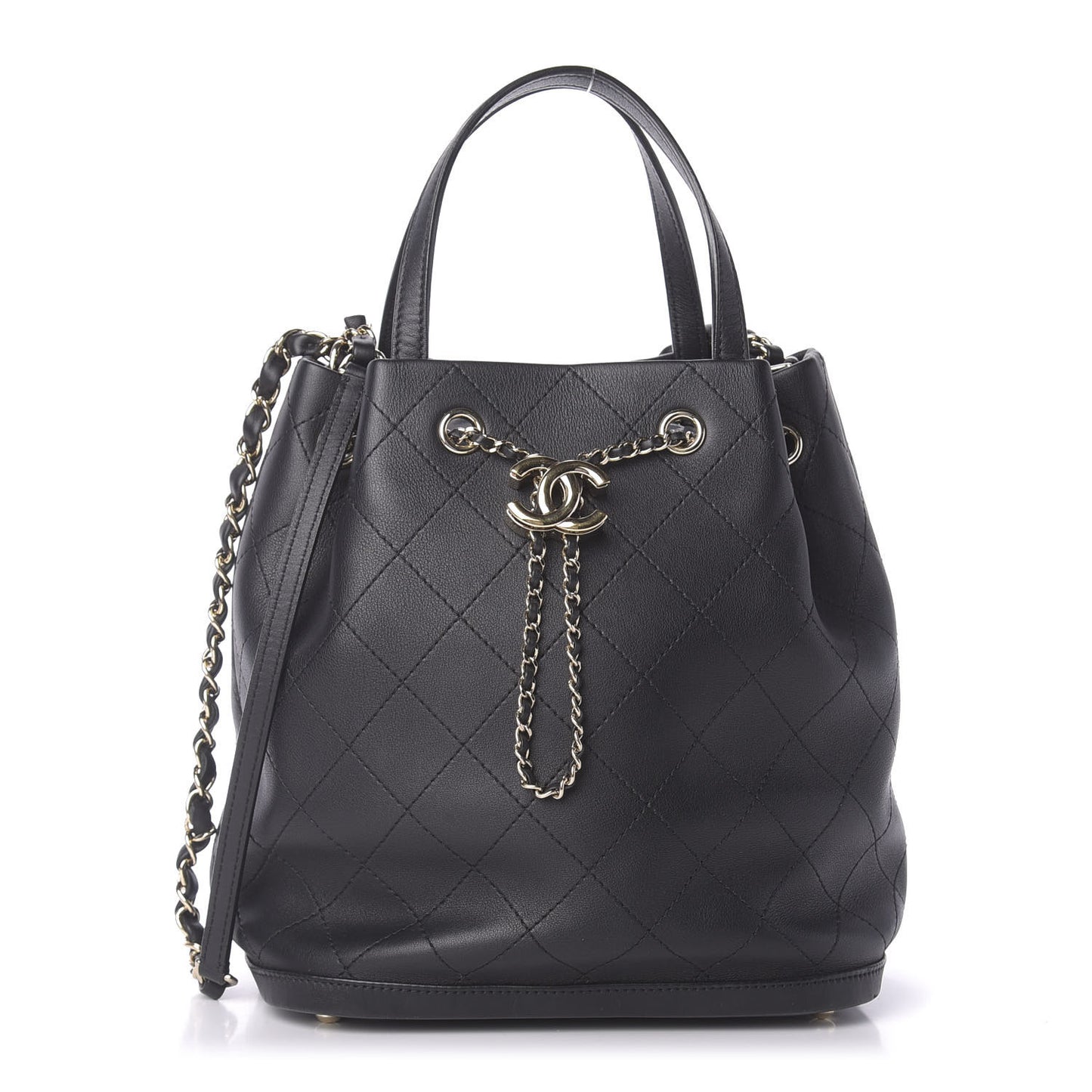 Calfskin Stitched Chain Top Handle Bucket Bag Black