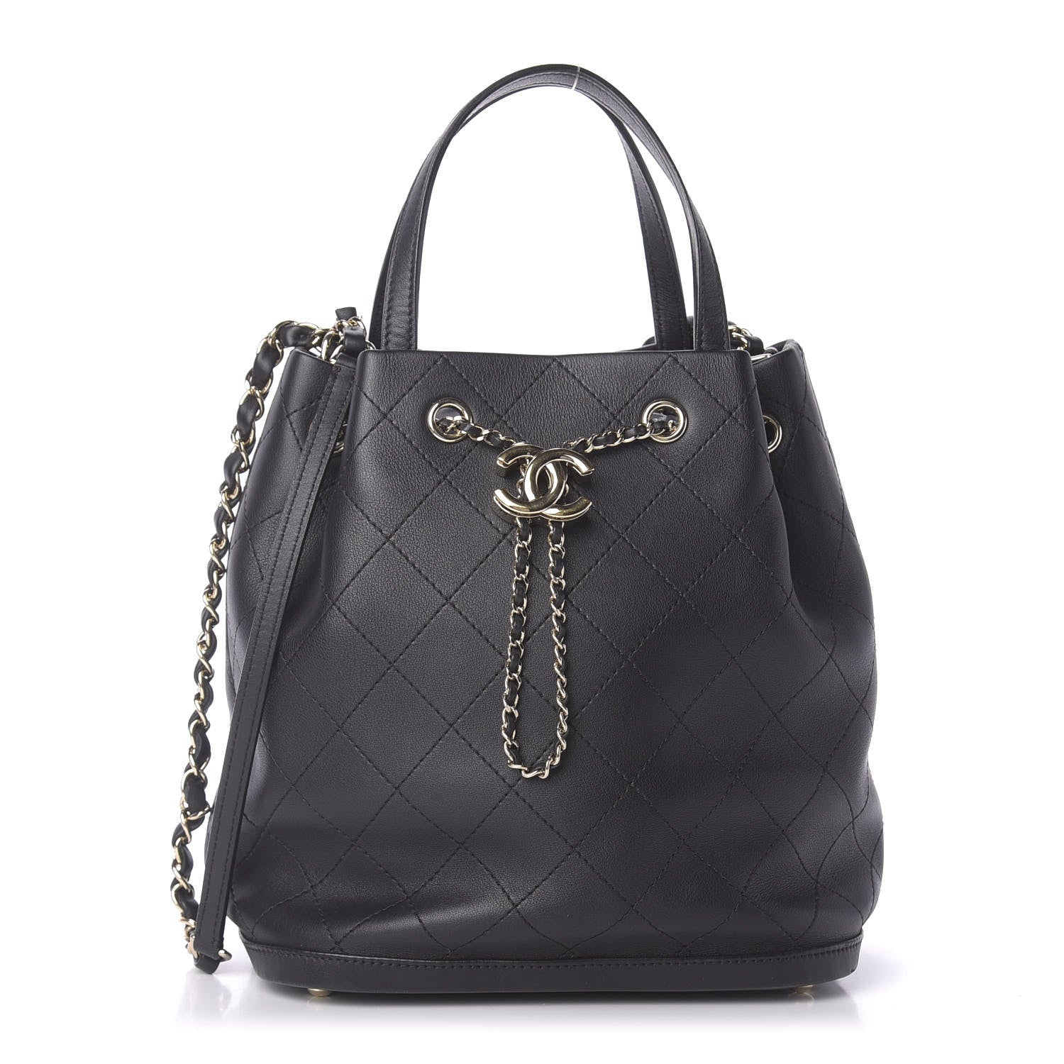 Chanel Calfskin Stitched Chain Top Handle Bucket Bag Black 1 of 11