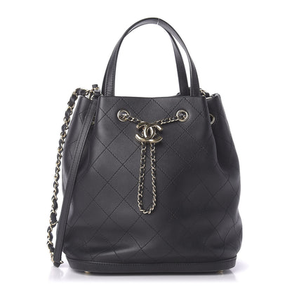 Chanel Calfskin Stitched Chain Top Handle Bucket Bag Black 1 of 11