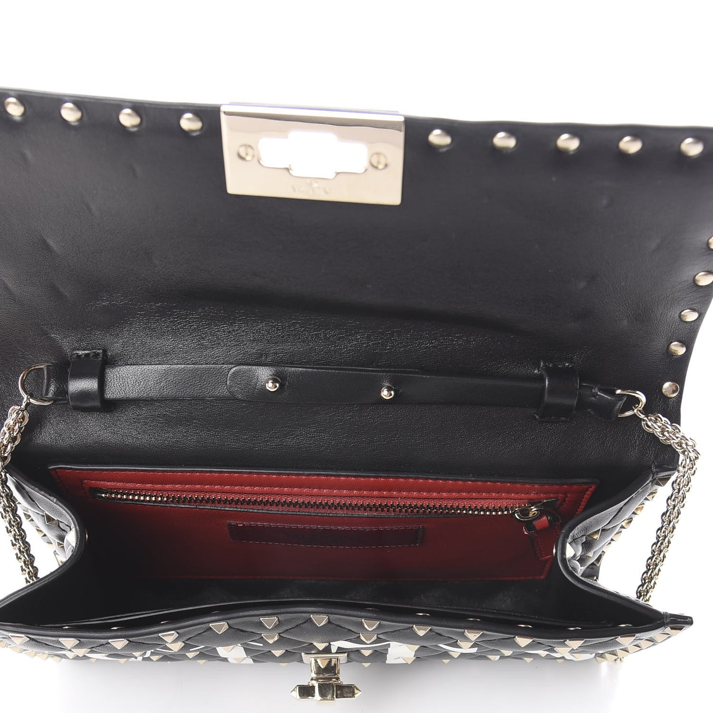 Lambskin VLTN Print Rockstud Spike Wallet On Chain Black