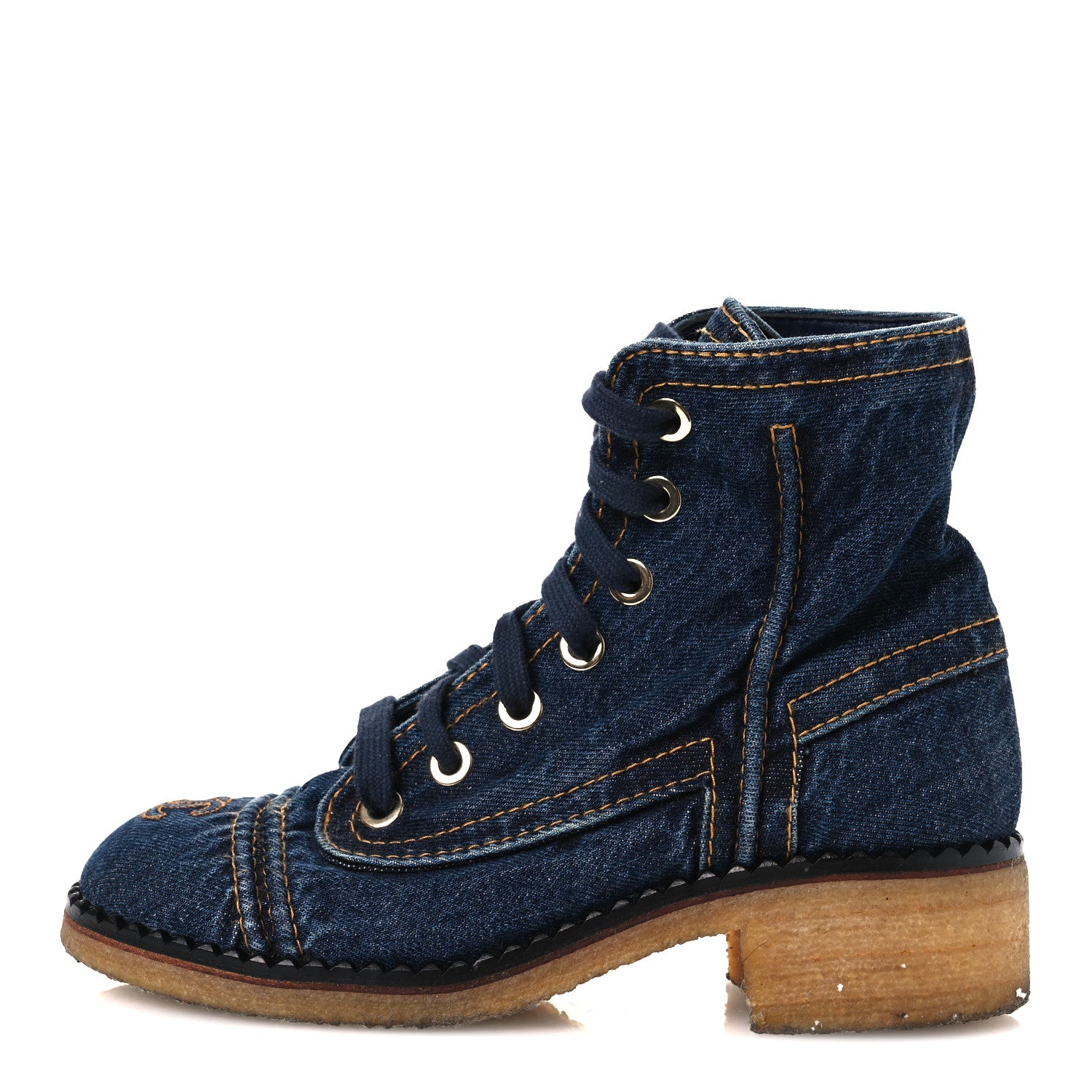 Chanel Denim Lace Up Boots 36.5 Navy Blue 1 of 11