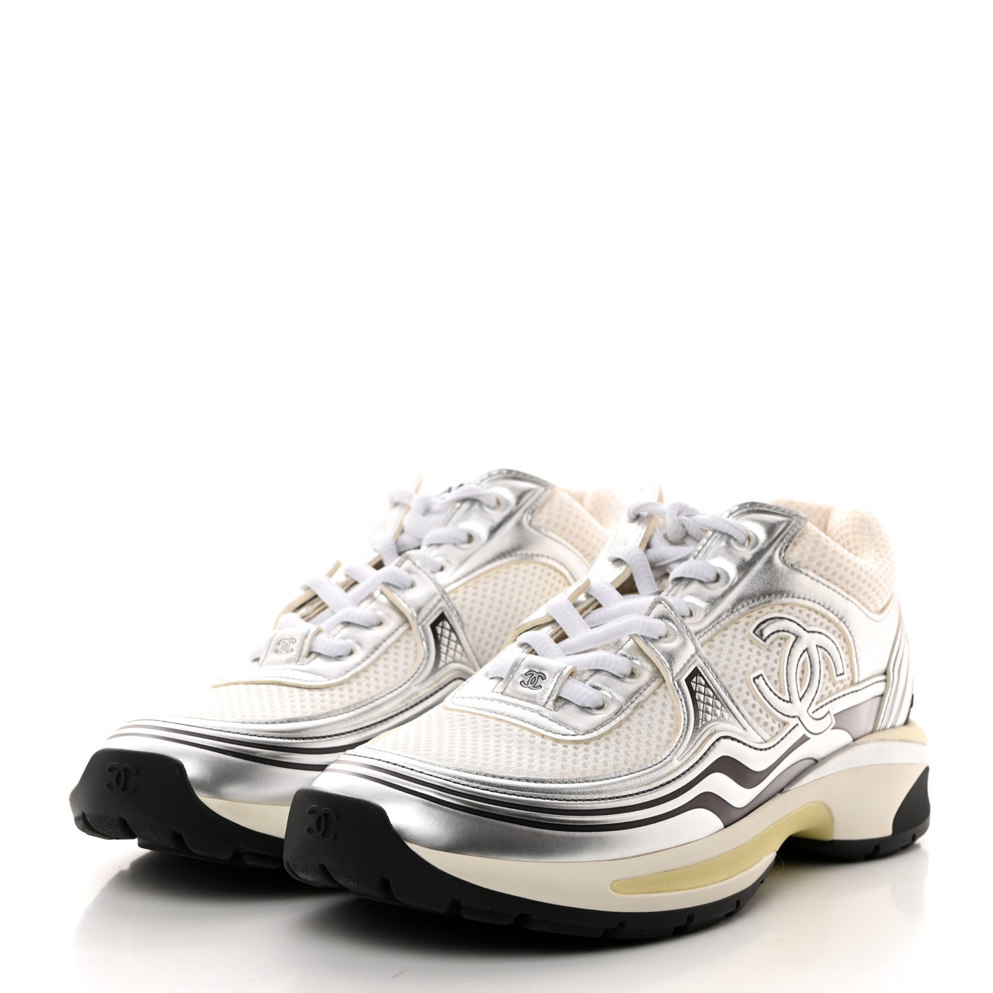 Fabric Laminated Calfskin Stretch CC Womens Sneakers 38.5 White Silver